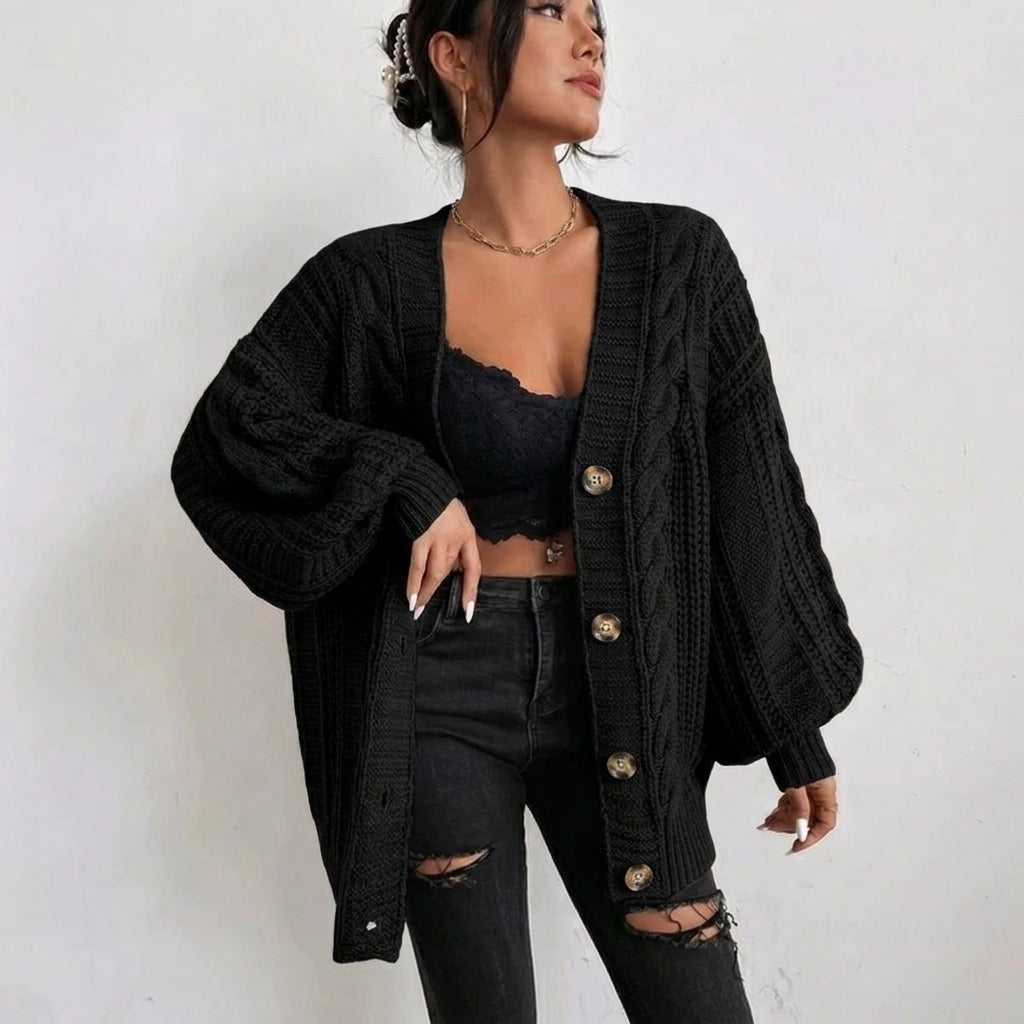Women's Oversized Cable Knit Cardigan – Button Front with Balloon Sleeves - We are MFEO