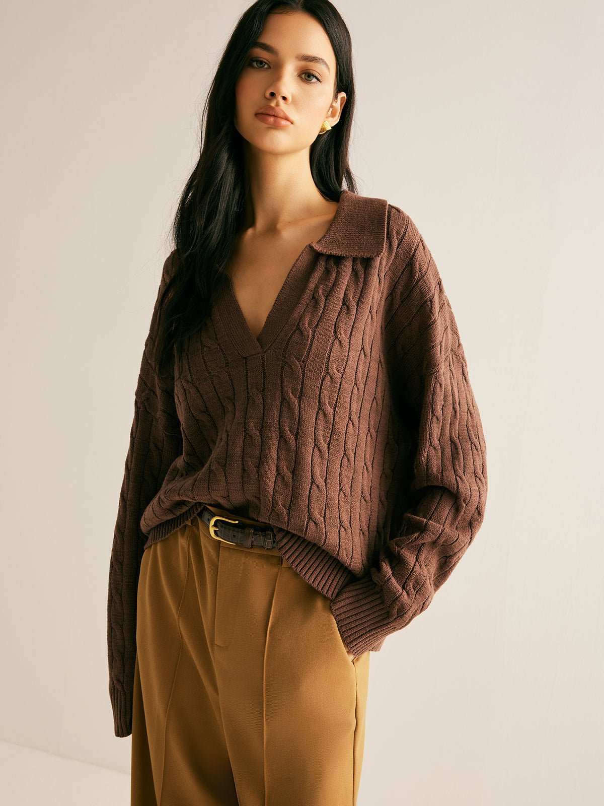 Women's Oversized Cable Knit Jumper with V-Neck and Spread Collar - We are MFEO