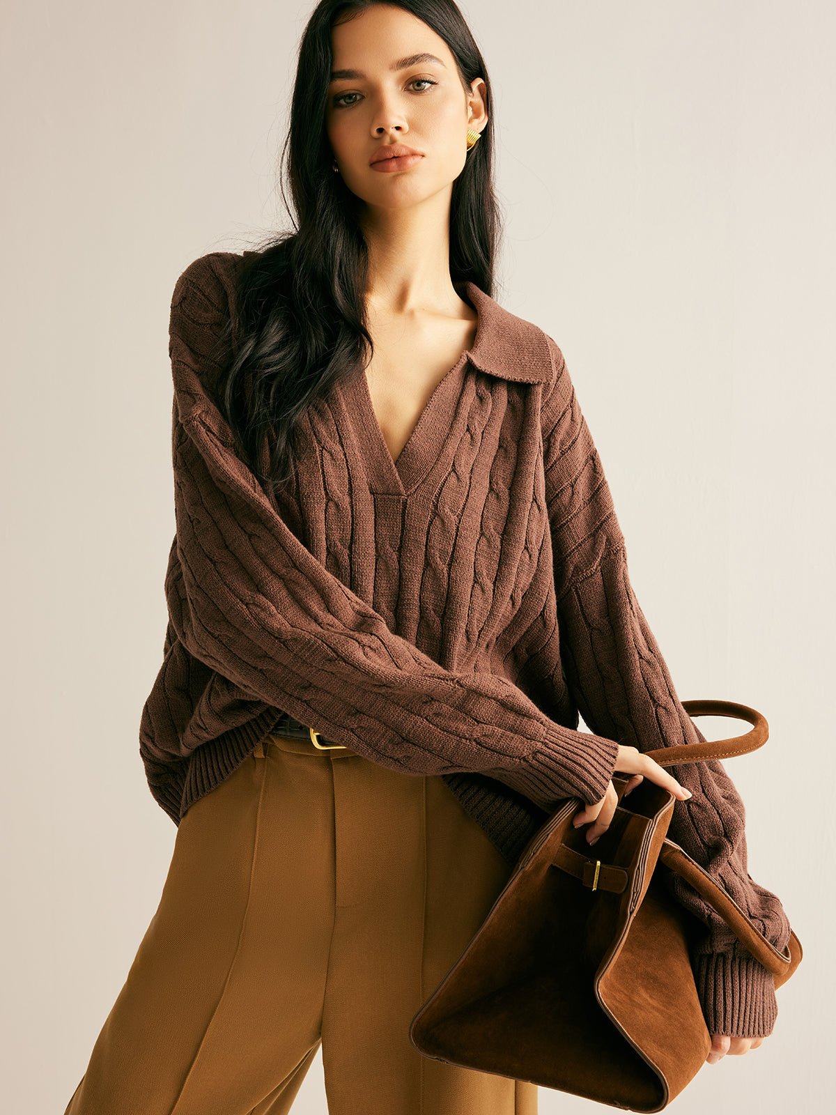 Women's Oversized Cable Knit Jumper with V-Neck and Spread Collar - We are MFEO