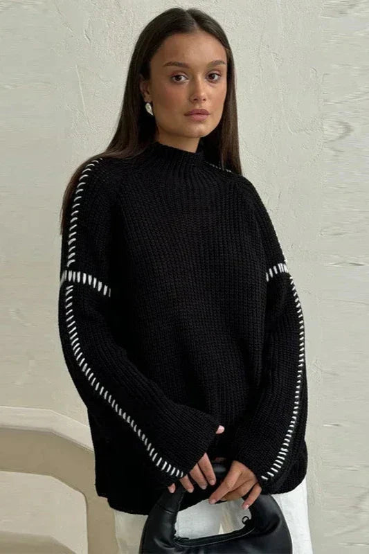 Women's Oversized Chunky Knit Jumper – Mock Neck with Contrast Stitch Sleeves - We are MFEO