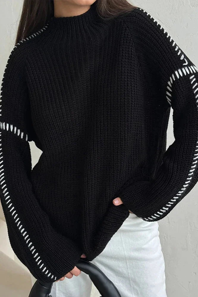 Women's Oversized Chunky Knit Jumper – Mock Neck with Contrast Stitch Sleeves - We are MFEO