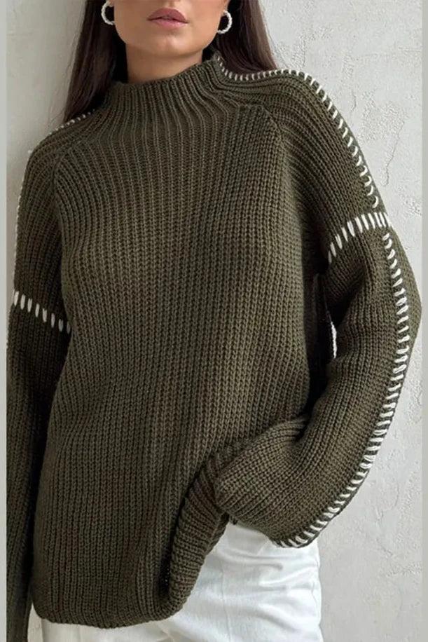 Women's Oversized Chunky Knit Jumper – Mock Neck with Contrast Stitch Sleeves - We are MFEO