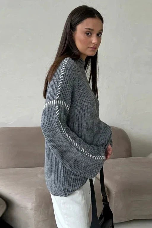 Women's Oversized Chunky Knit Jumper – Mock Neck with Contrast Stitch Sleeves - We are MFEO