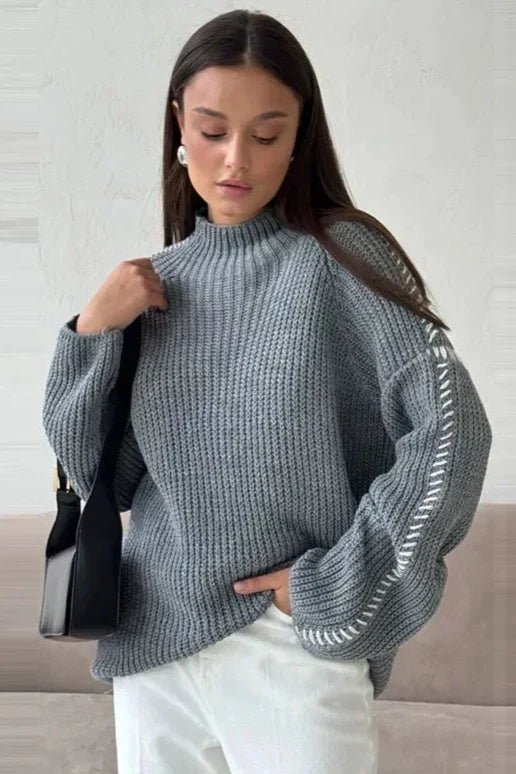 Women's Oversized Chunky Knit Jumper – Mock Neck with Contrast Stitch Sleeves - We are MFEO