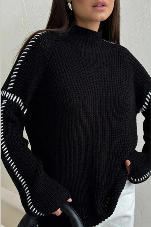 Women's Oversized Chunky Knit Jumper – Mock Neck with Contrast Stitch Sleeves - We are MFEO