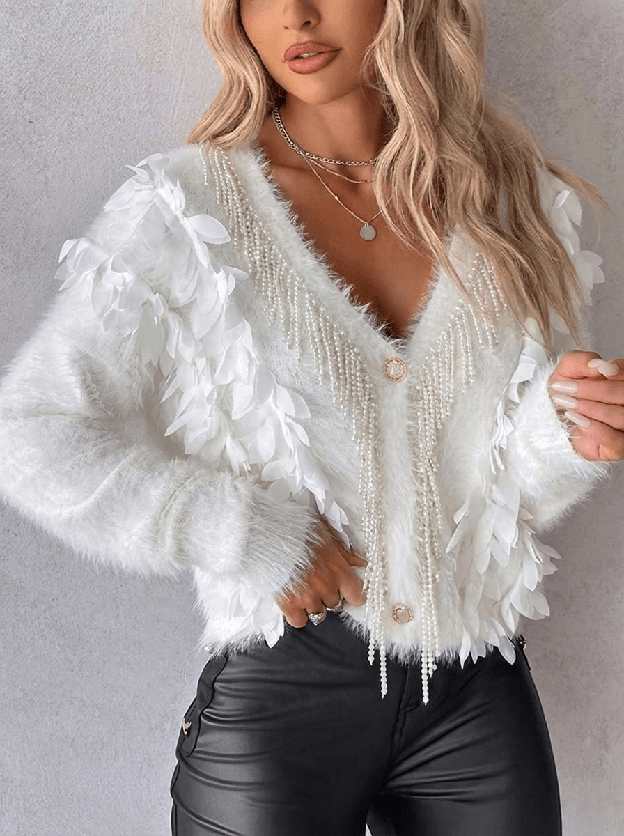 Women's Oversized Fluffy Cardigan with Floral Sleeves – V-Neck Knit - We are MFEO