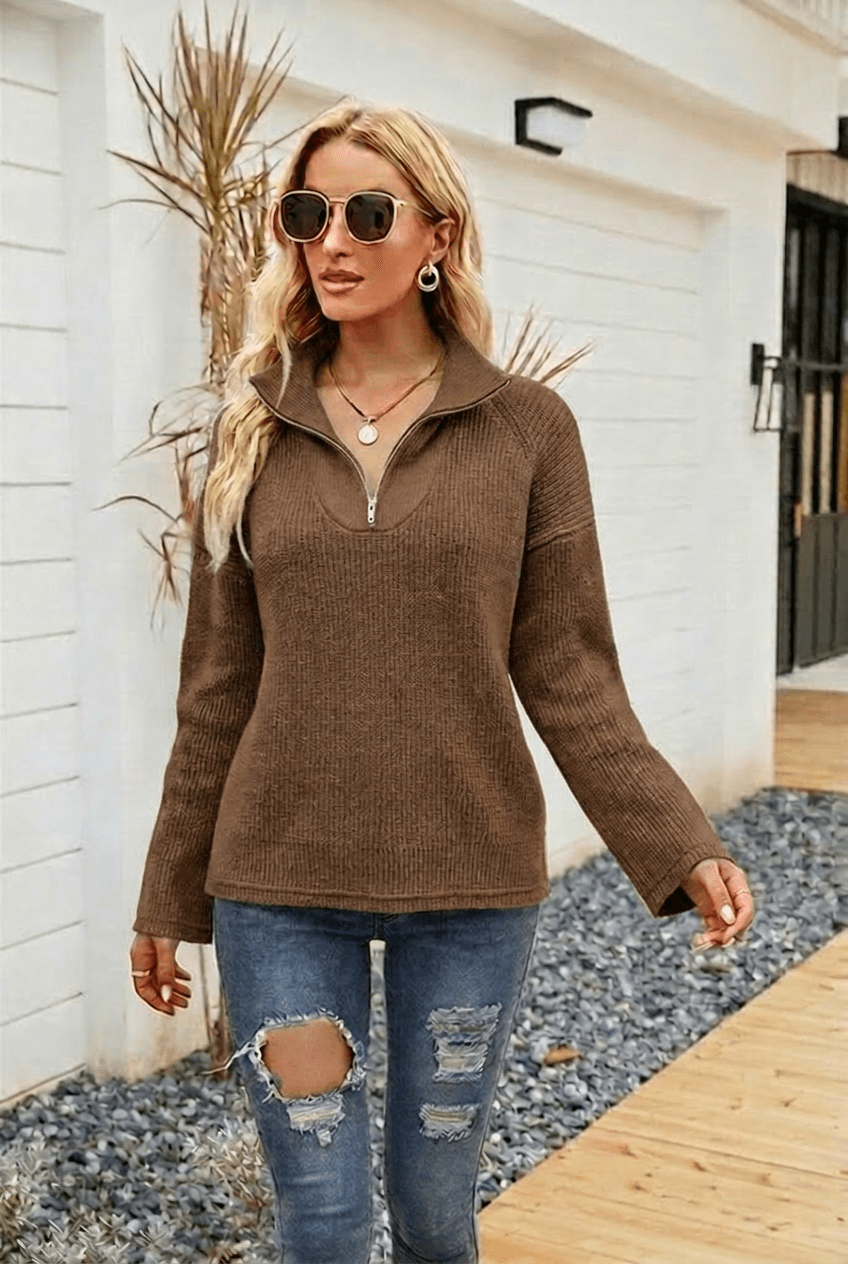 Women's Oversized Half-Zip Jumper with Raglan Sleeves – Casual Knitted Style - We are MFEO