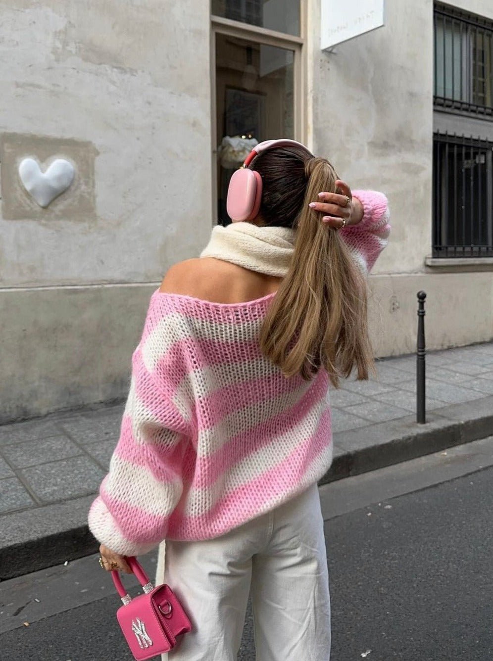 Women's Oversized Jumper – Chunky Knit Cardigan with Bold Stripes and Balloon Sleeves - We are MFEO