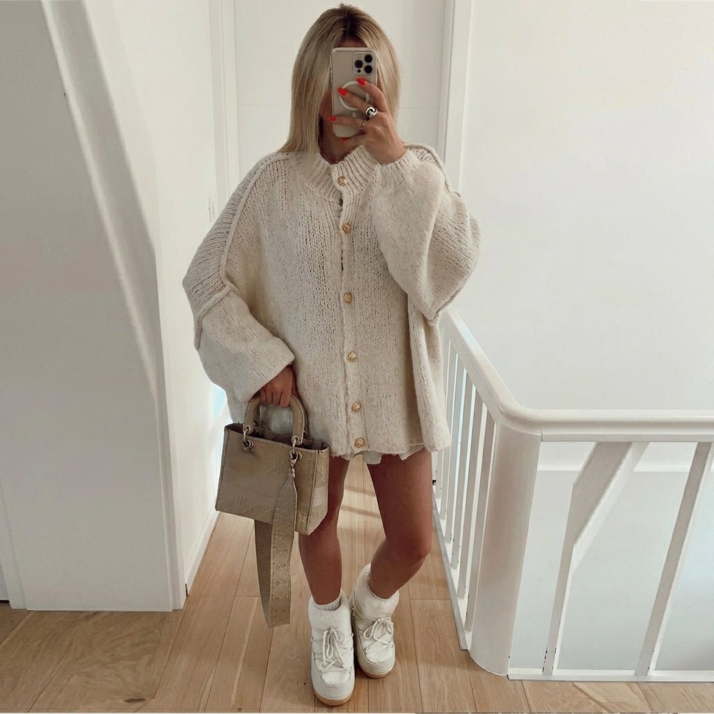 Women's Oversized Knit Cardigan – Button Front with Ribbed Neckline for Casual Wear - We are MFEO
