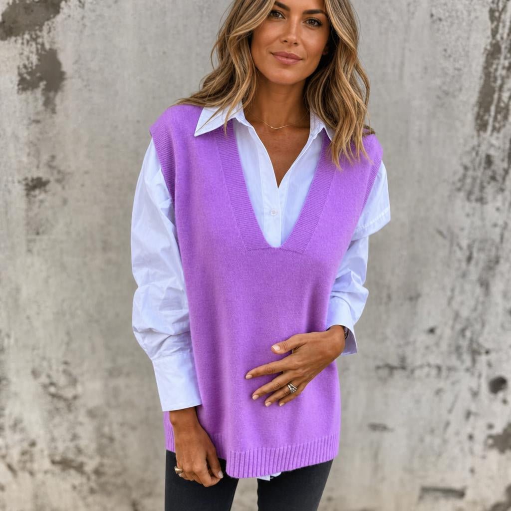 Women's Oversized Knitted Vest – Deep V Neck with Ribbed Trim - We are MFEO