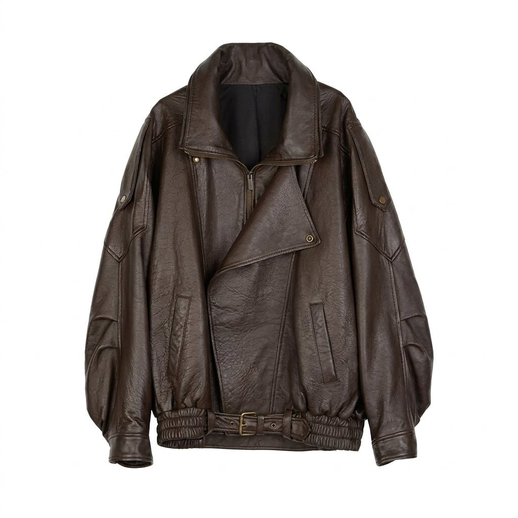 Women's Oversized Leather Jacket – Retro Bomber Style with Belted Waist - We are MFEO