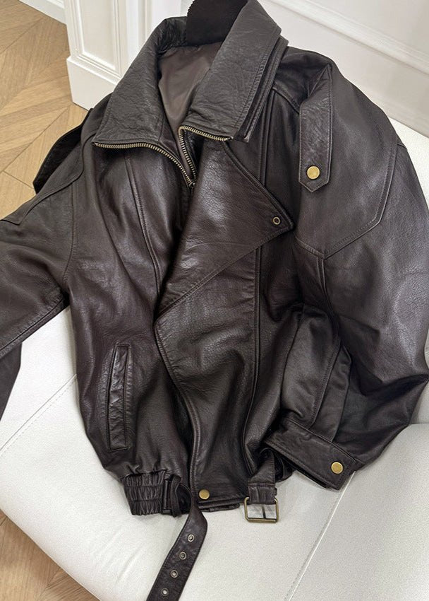 Women's Oversized Leather Jacket – Retro Bomber Style with Belted Waist - We are MFEO