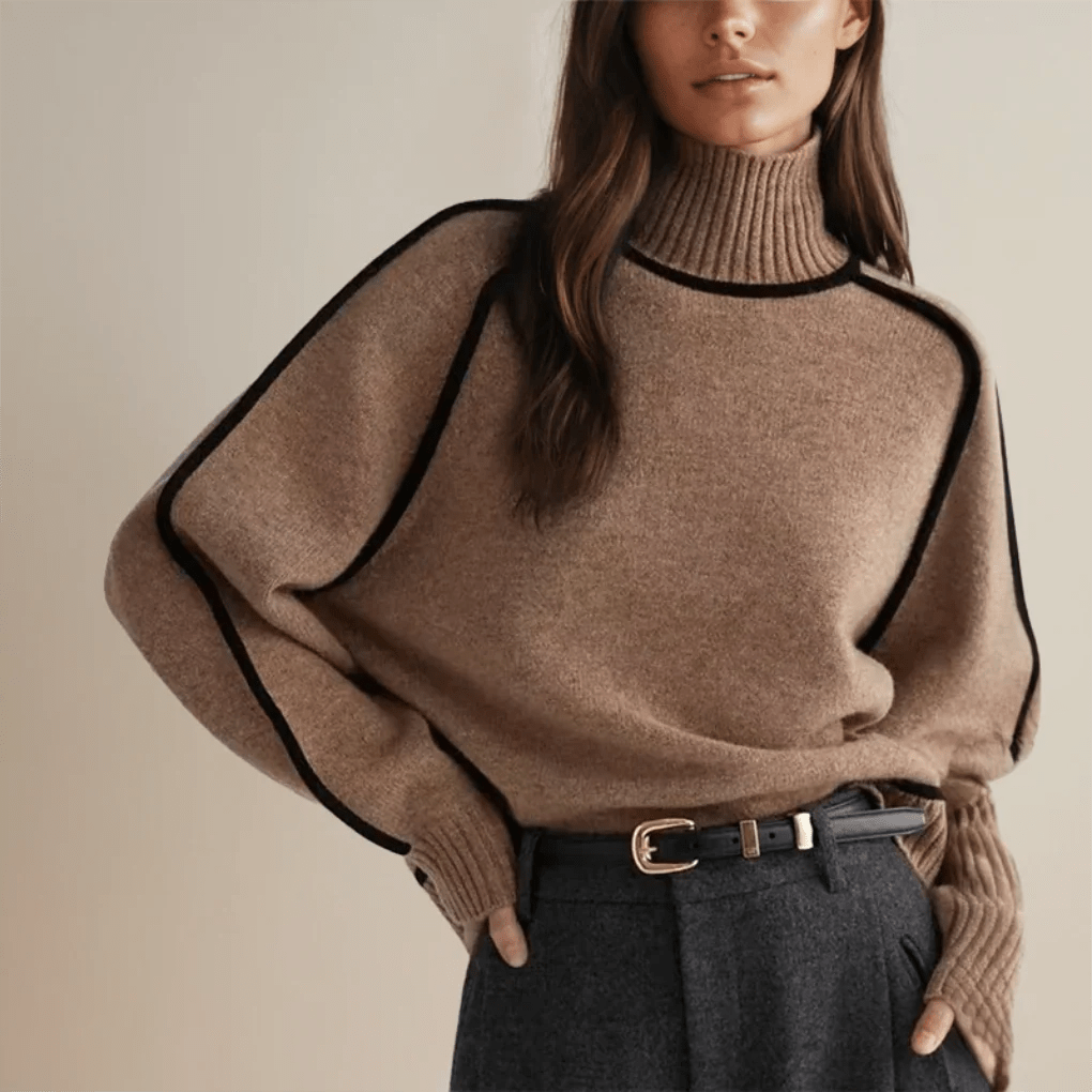 Women's Oversized Turtleneck Sweater – Long Knit with Contrast Piping - We are MFEO