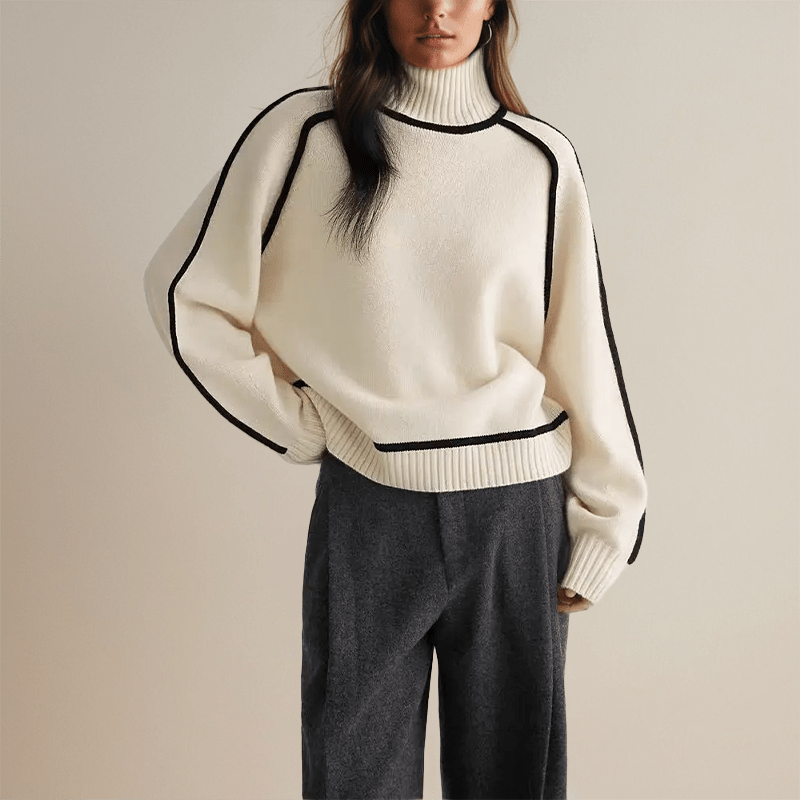 Women's Oversized Turtleneck Sweater – Relaxed Fit with Contrast Trim for Casual Wear - We are MFEO