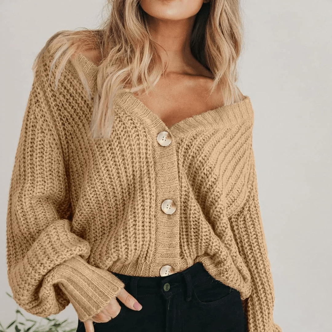 Women's Oversized V-Neck Cardigan – Chunky Knit with Balloon Sleeves - We are MFEO