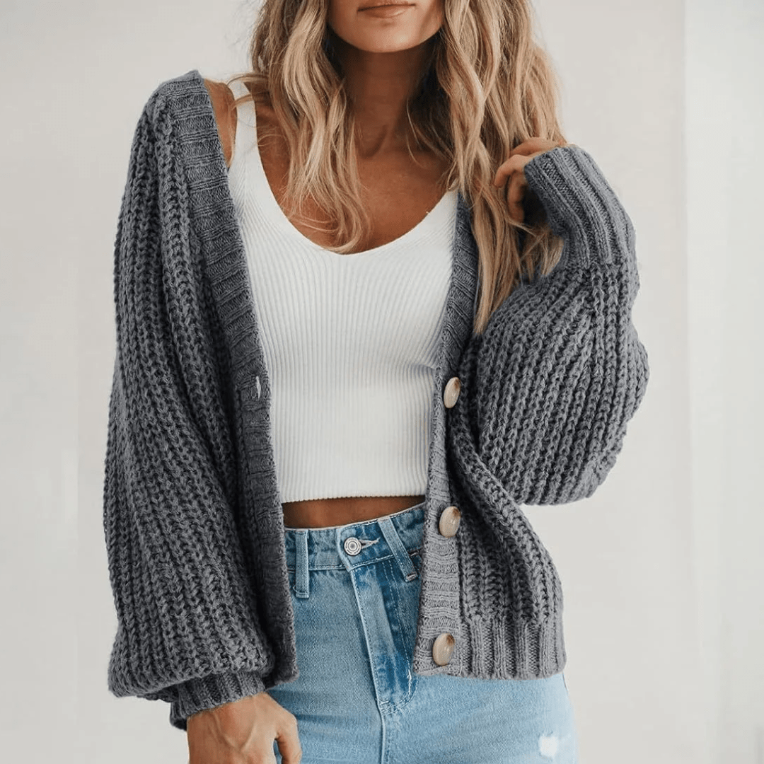 Women's Oversized V-Neck Cardigan – Chunky Knit with Balloon Sleeves - We are MFEO