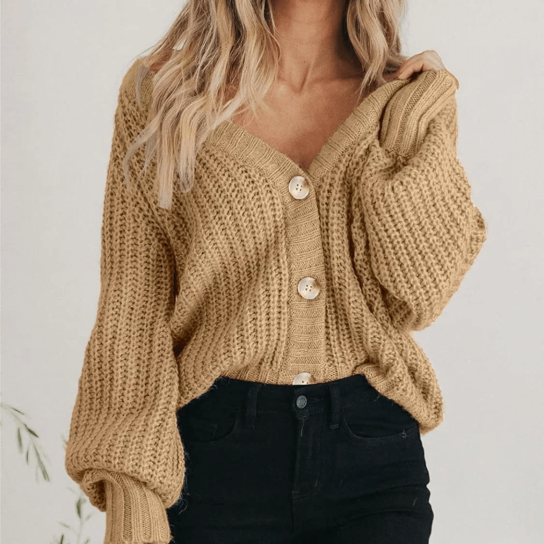 Women's Oversized V-Neck Cardigan – Chunky Knit with Balloon Sleeves - We are MFEO
