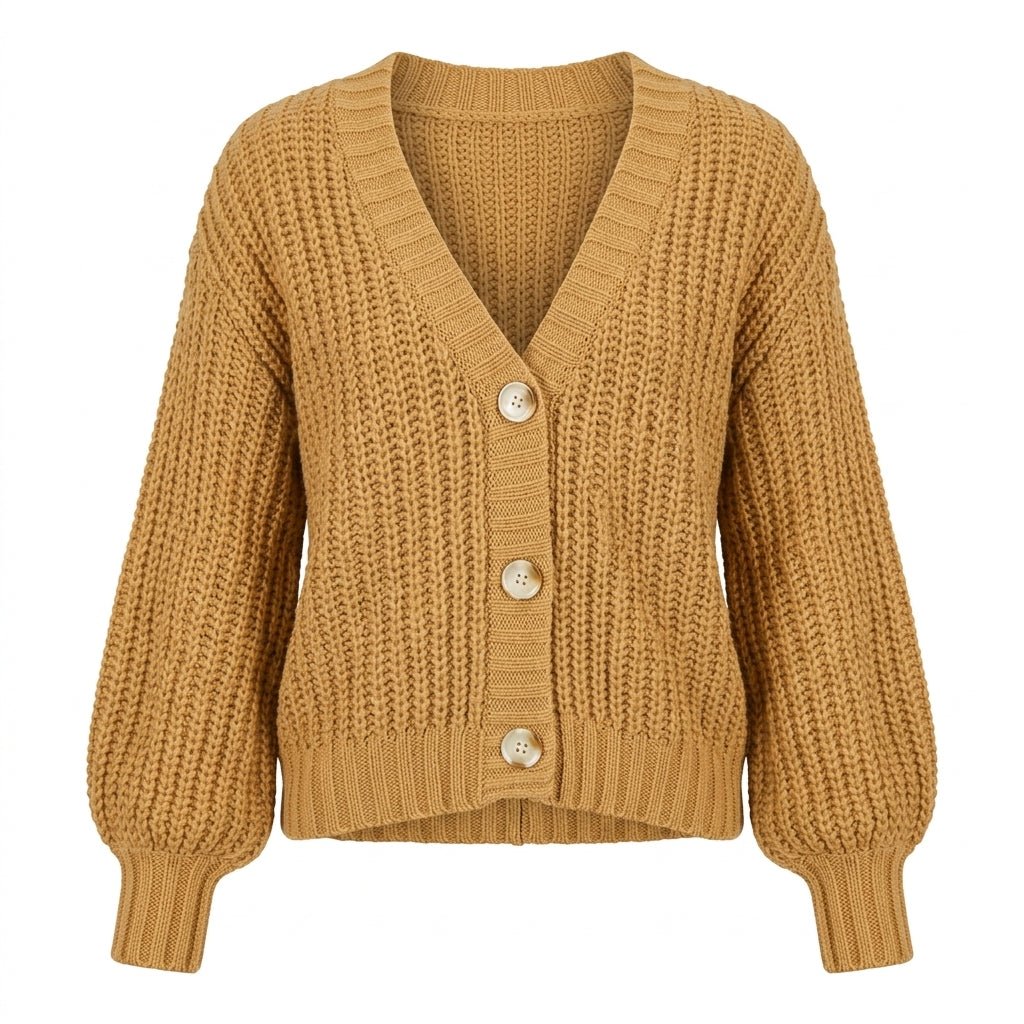 Women's Oversized V-Neck Cardigan – Chunky Knit with Balloon Sleeves - We are MFEO