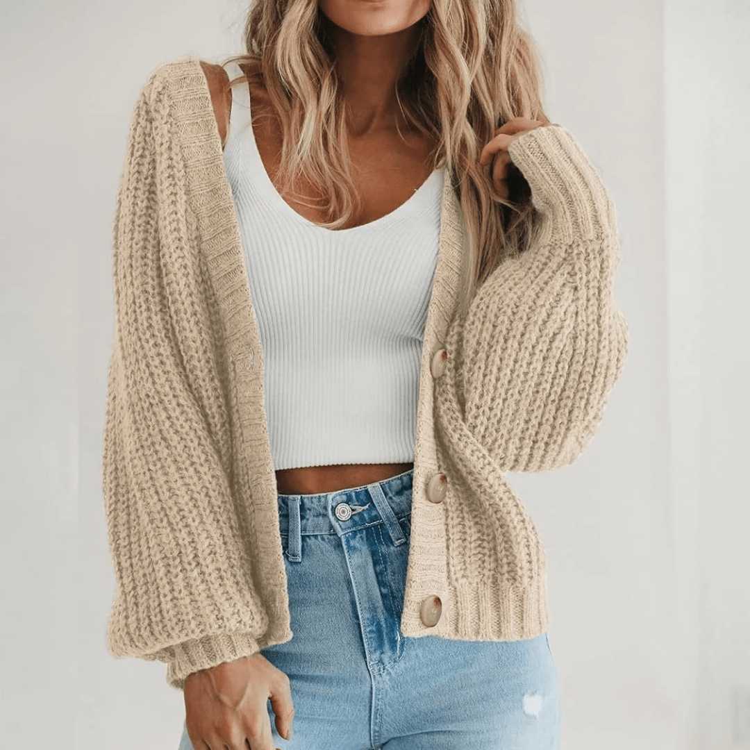 Women's Oversized V-Neck Cardigan – Chunky Knit with Balloon Sleeves - We are MFEO