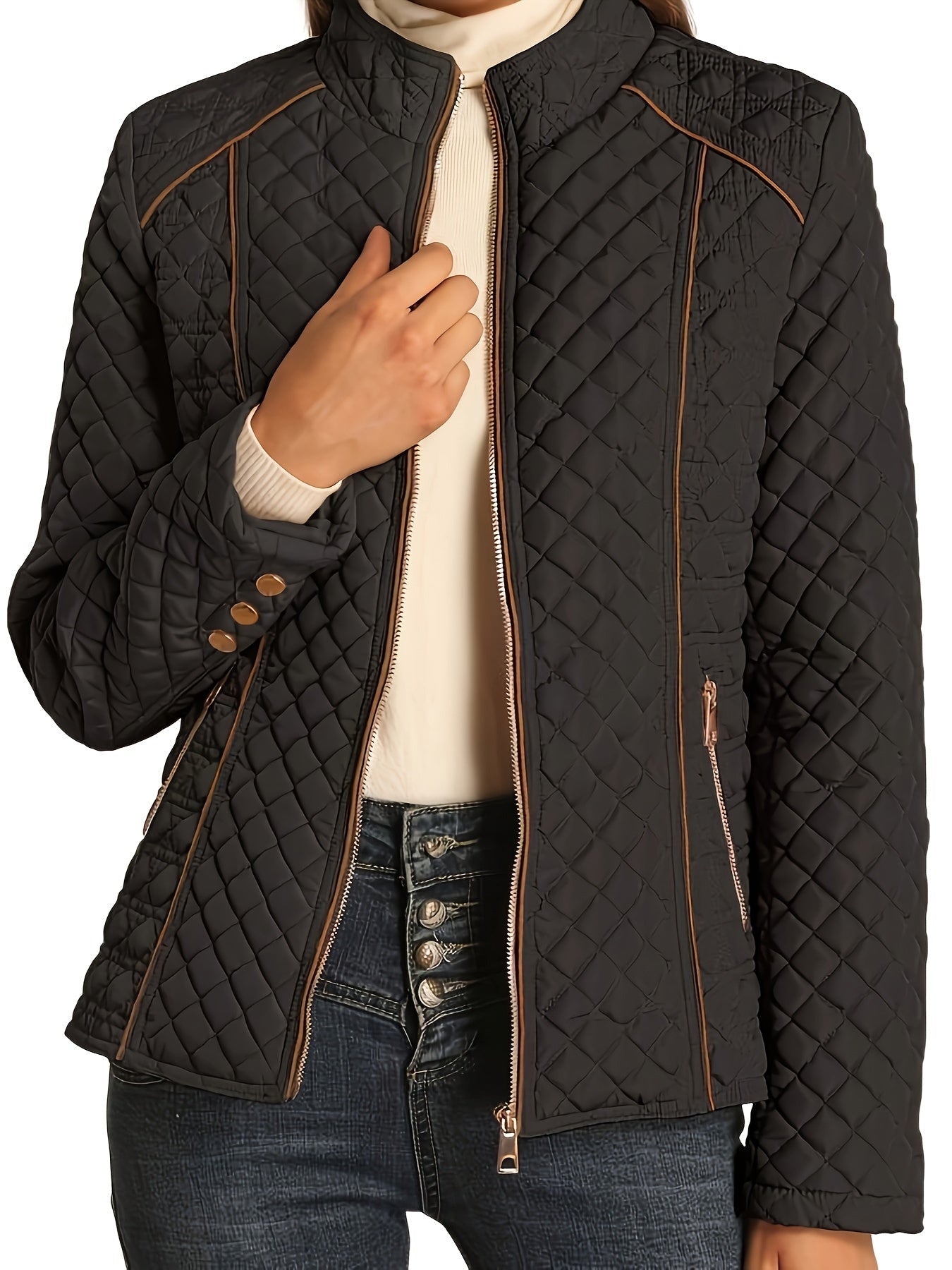 Women's Quilted Jacket for Winter – Zip Up with Stand Collar and Side Pockets - We are MFEO