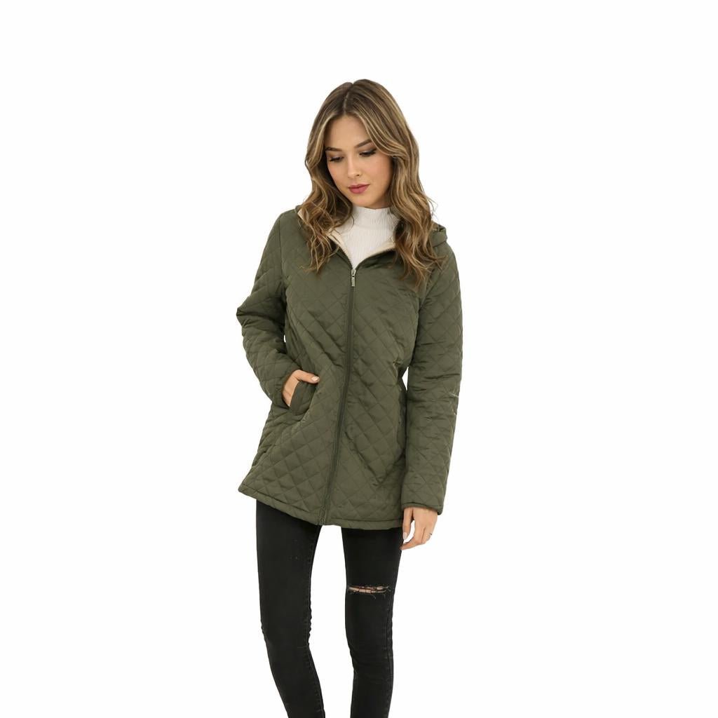 Women's Quilted Longline Jacket for Winter – Hooded, Plush Lining, Diamond Stitch Design - We are MFEO