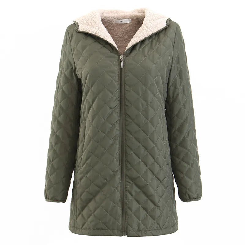 Women's Quilted Longline Jacket for Winter – Hooded, Plush Lining, Diamond Stitch Design - We are MFEO