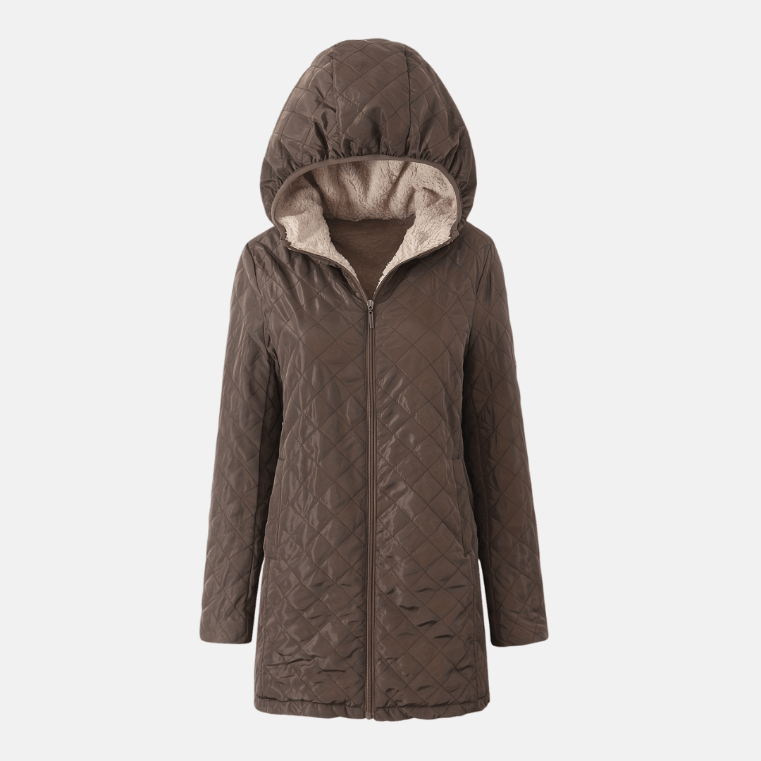 Women's Quilted Longline Jacket for Winter – Hooded, Plush Lining, Diamond Stitch Design - We are MFEO