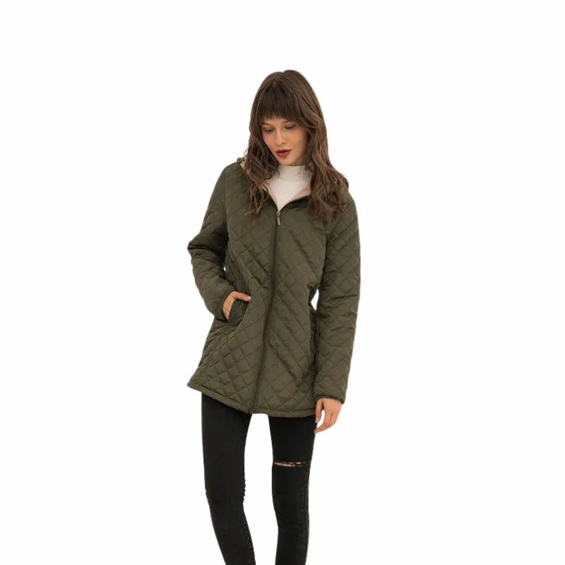 Women's Quilted Longline Jacket for Winter – Hooded, Plush Lining, Diamond Stitch Design - We are MFEO