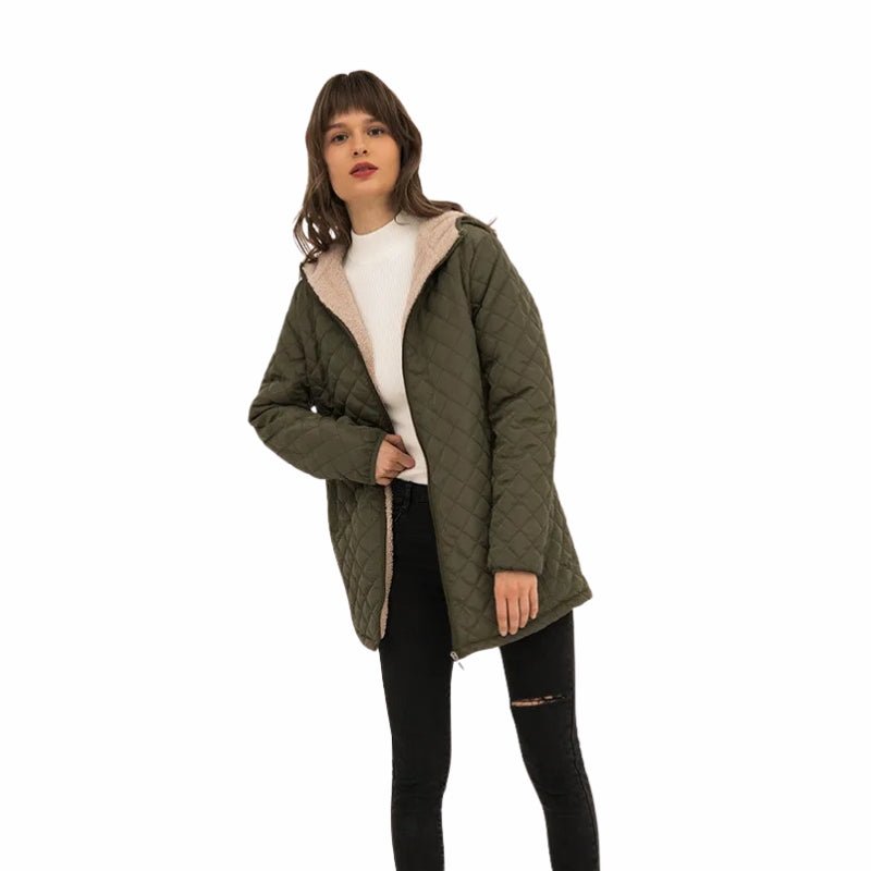 Women's Quilted Longline Jacket for Winter – Hooded, Plush Lining, Diamond Stitch Design - We are MFEO