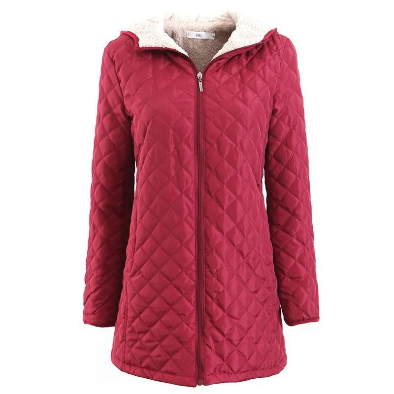 Women's Quilted Longline Jacket for Winter – Hooded, Plush Lining, Diamond Stitch Design - We are MFEO