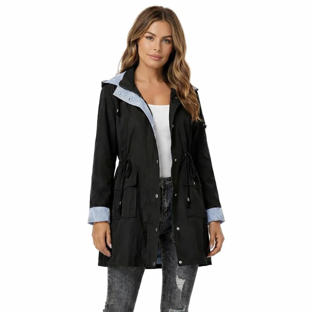 Women's Rain Jacket – Long Waterproof Coat with Hood and Drawstring Waist - We are MFEO
