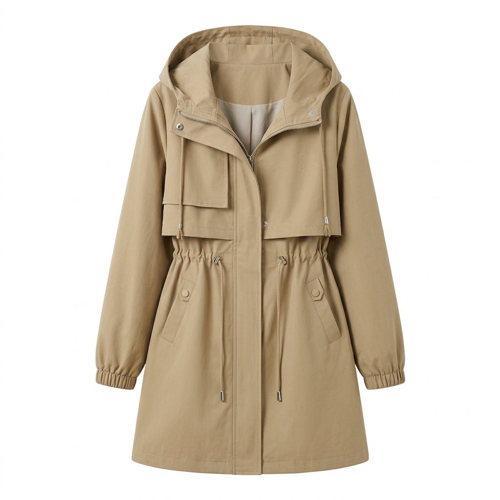 Women's Rain Jacket – Waterproof Mid-Length Trench with Hood and Drawstring Waist - We are MFEO
