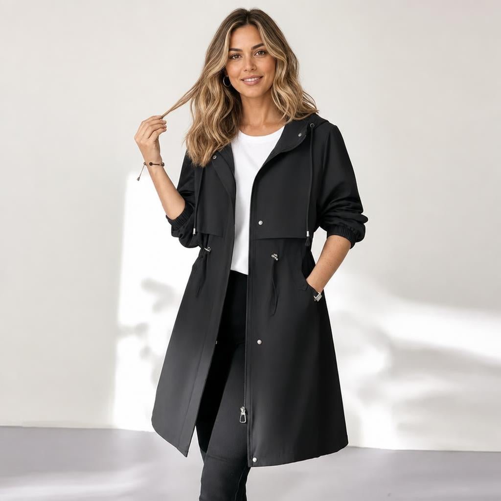Women's Rain Jacket – Waterproof Mid-Length Trench with Hood and Drawstring Waist - We are MFEO