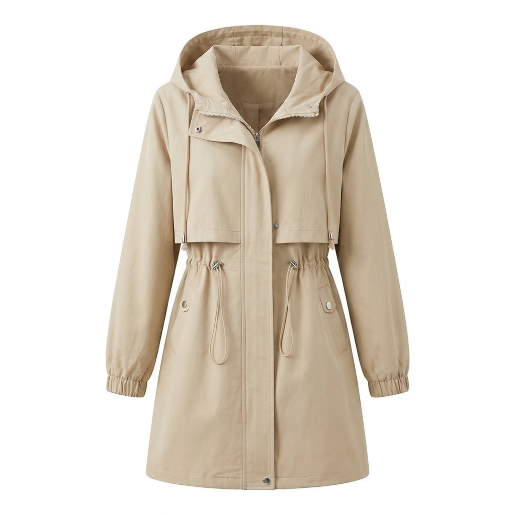 Women's Rain Jacket – Waterproof Mid-Length Trench with Hood and Drawstring Waist - We are MFEO