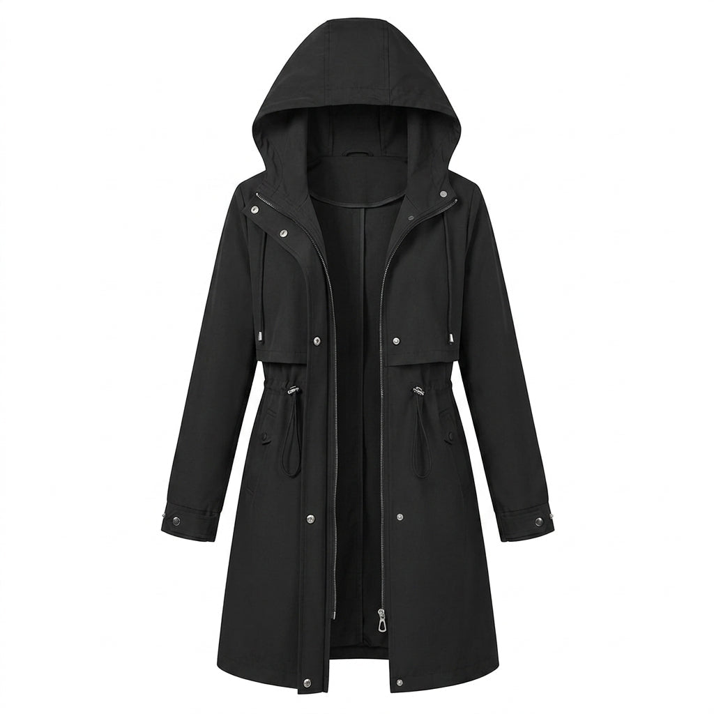 Women's Rain Jacket – Waterproof Mid-Length Trench with Hood and Drawstring Waist - We are MFEO