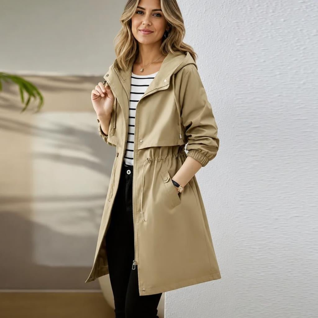 Women's Rain Jacket – Waterproof Mid-Length Trench with Hood and Drawstring Waist - We are MFEO