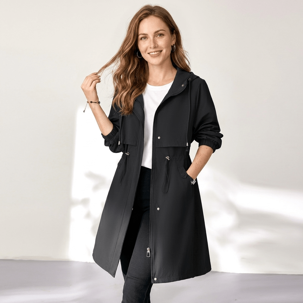Women's Rain Jacket – Waterproof Mid-Length Trench with Hood and Drawstring Waist - We are MFEO