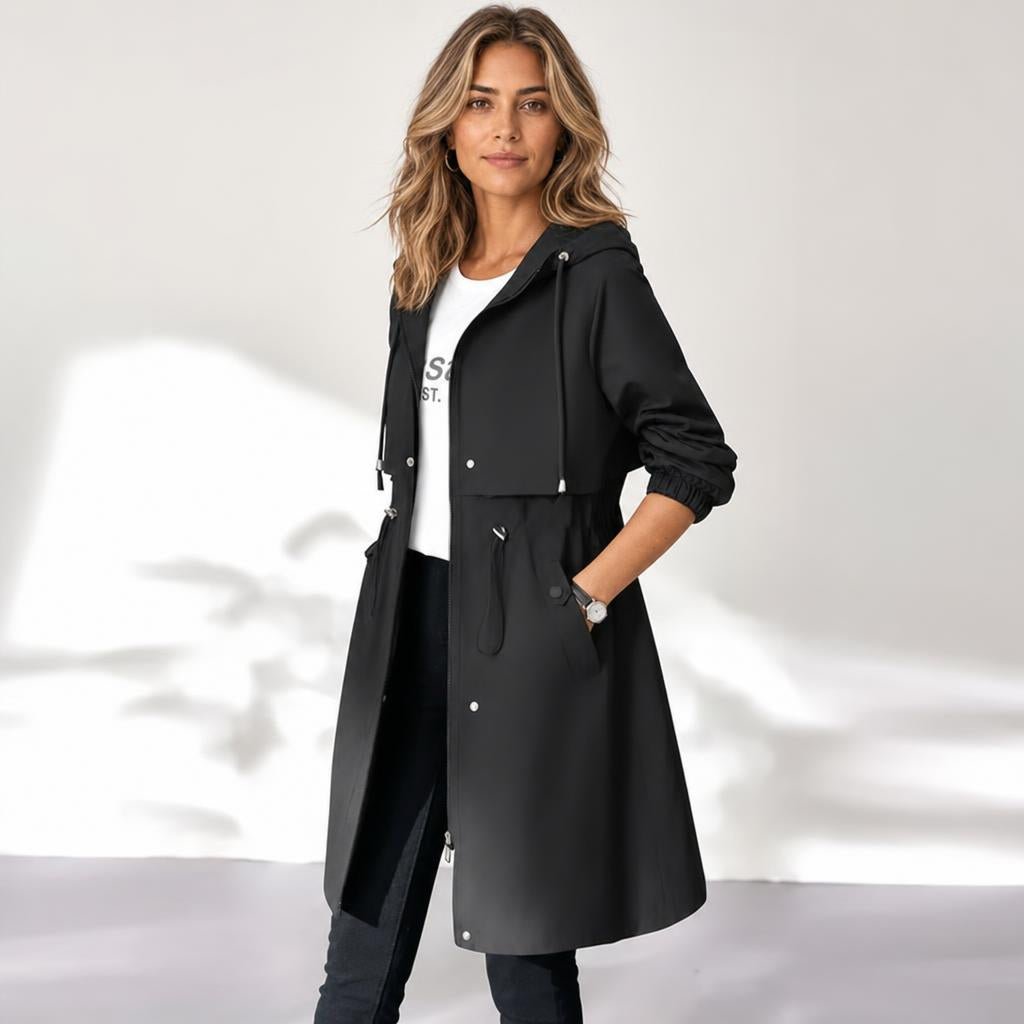 Women's Rain Jacket – Waterproof Mid-Length Trench with Hood and Drawstring Waist - We are MFEO