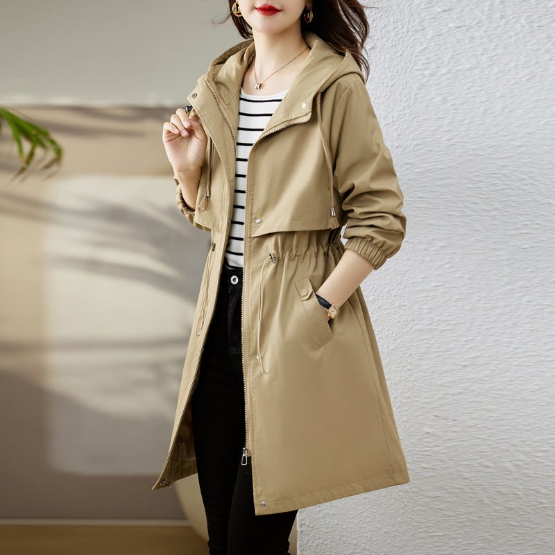 Women's Rain Jacket – Waterproof Mid-Length Trench with Hood and Drawstring Waist - We are MFEO