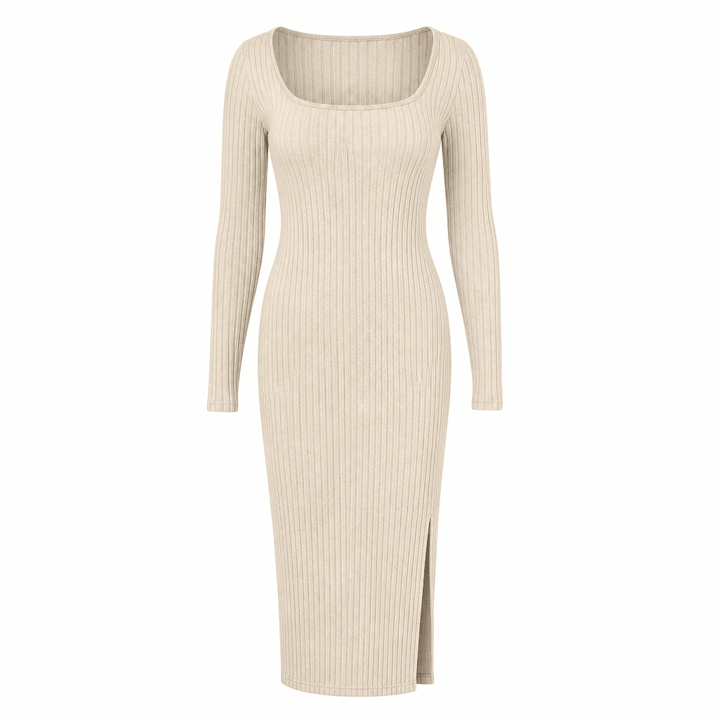 Women's Ribbed Knit Bodycon Dress with Scoop Neck and High Side Slit - We are MFEO