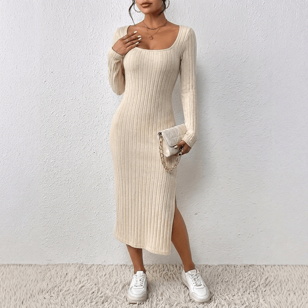 Women's Ribbed Knit Bodycon Dress with Scoop Neck and High Side Slit - We are MFEO