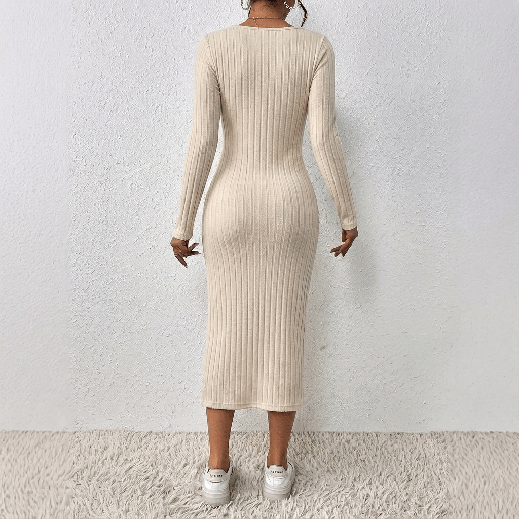 Women's Ribbed Knit Bodycon Dress with Scoop Neck and High Side Slit - We are MFEO
