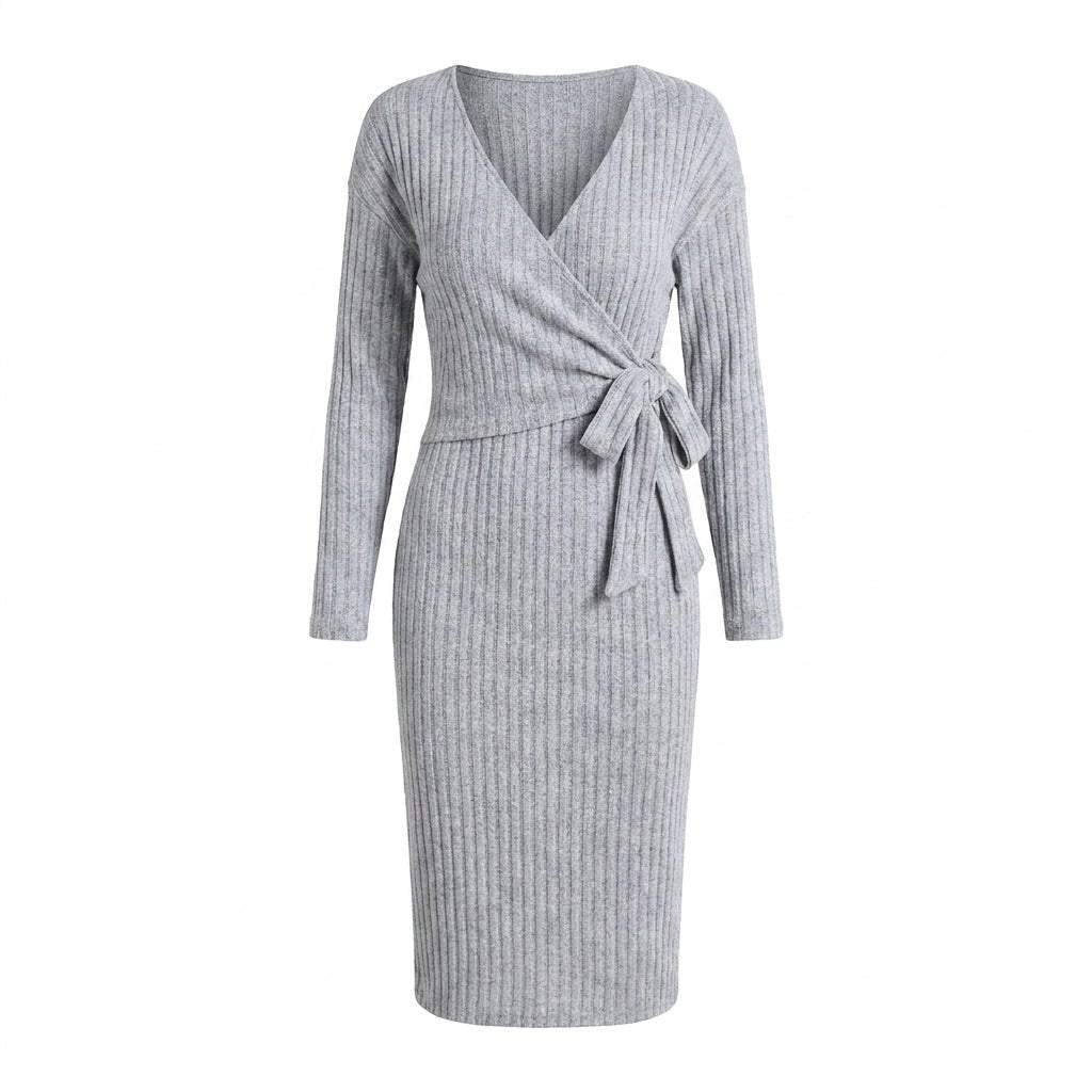 Women's Ribbed Knit Midi Dress – Wrap Style with Long Sleeves and Tie Waist - We are MFEO