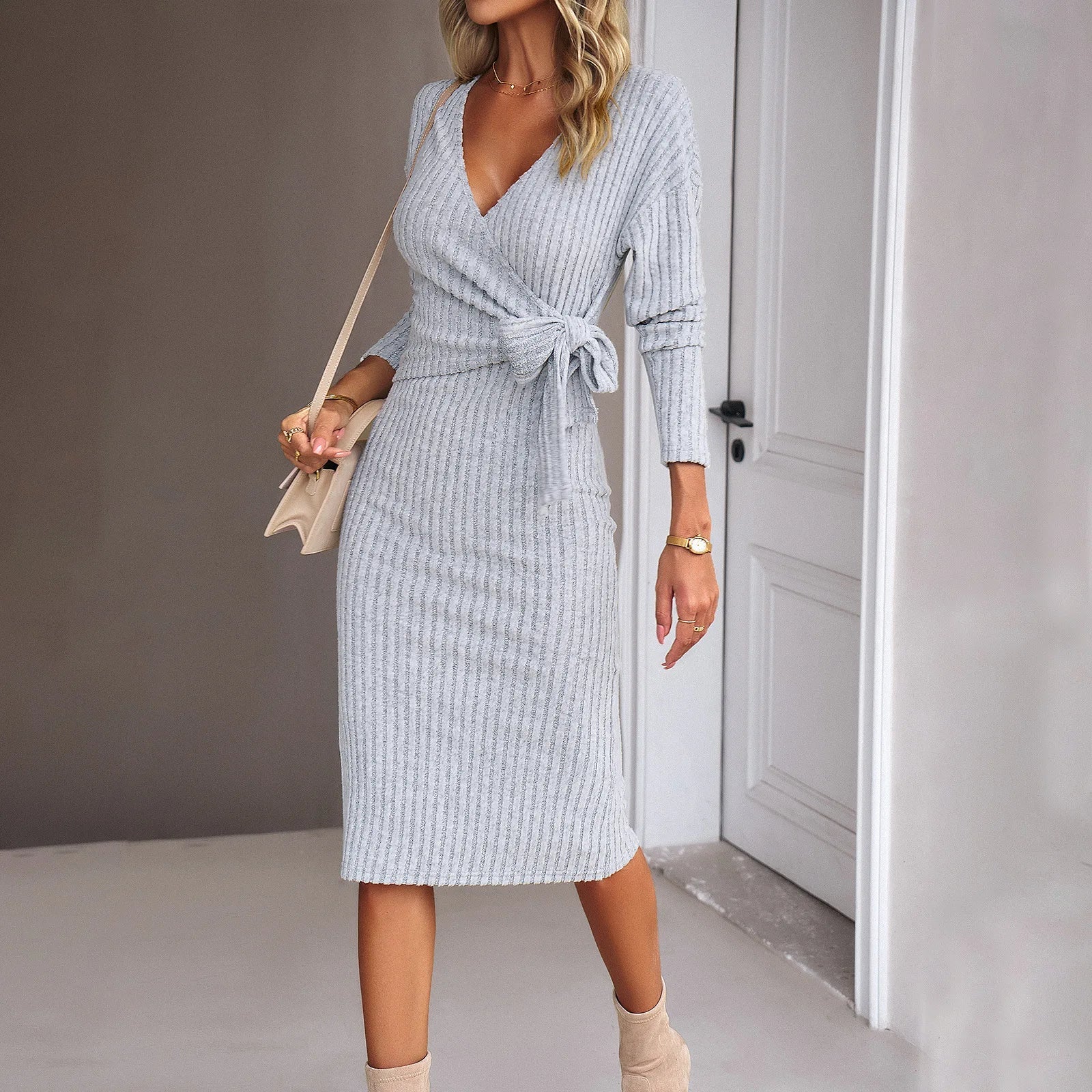 Women's Ribbed Knit Midi Dress – Wrap Style with Long Sleeves and Tie Waist - We are MFEO