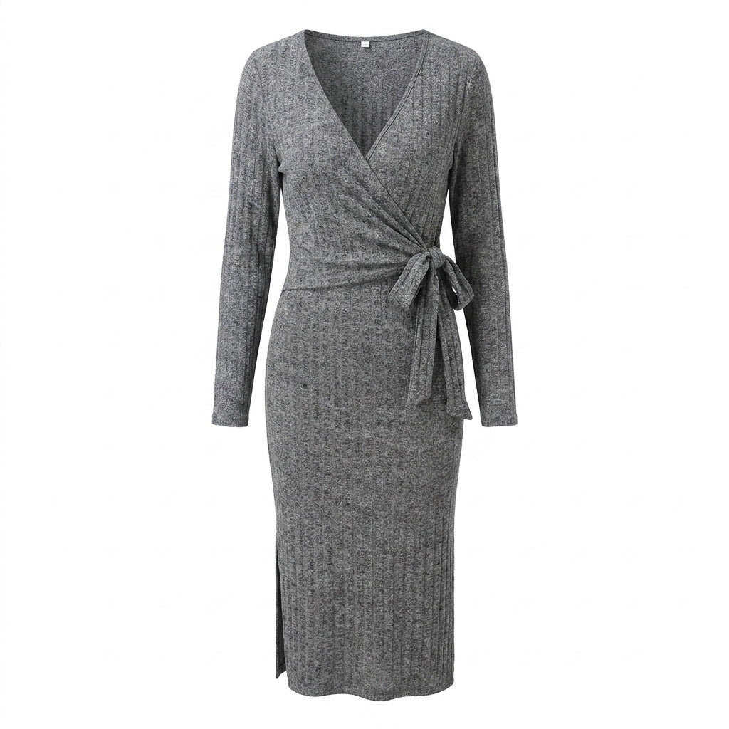 Women's Ribbed Knit Midi Dress – Wrap Style with Long Sleeves and Tie Waist - We are MFEO
