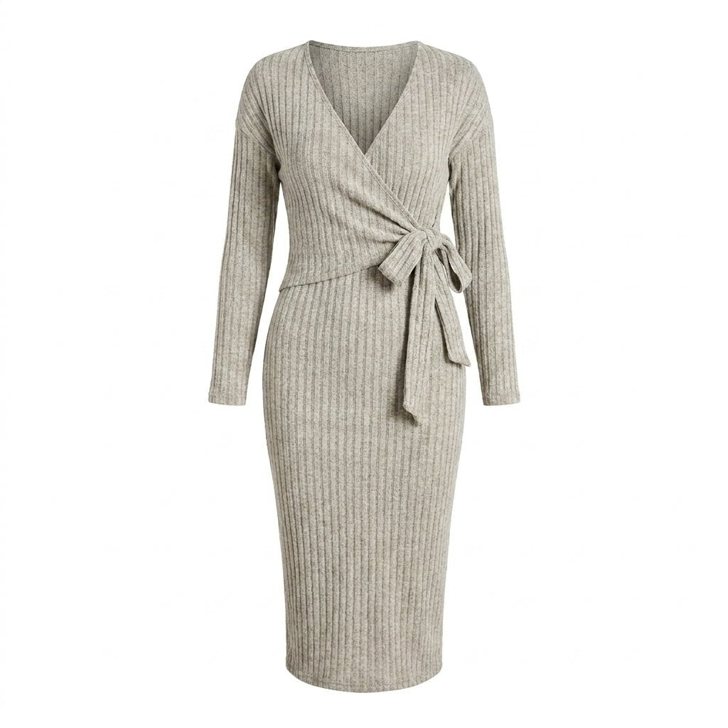 Women's Ribbed Knit Midi Dress – Wrap Style with Long Sleeves and Tie Waist - We are MFEO