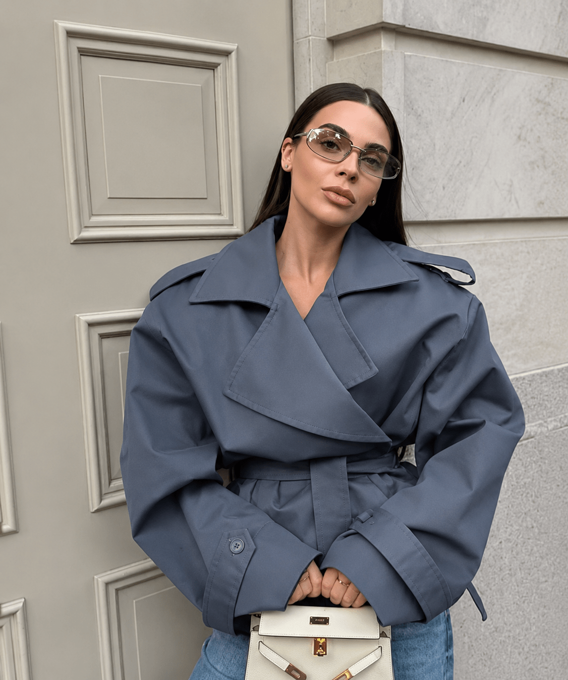 Women's Short Oversized Trench Coat – Self-Tie Belt, Voluminous Sleeves, Epaulettes - We are MFEO