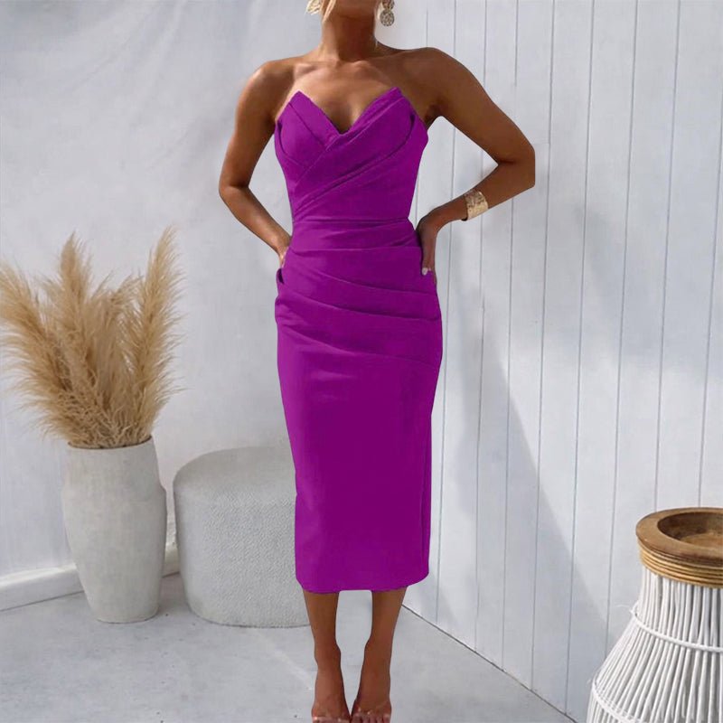 Women's Strapless Midi Dress – Ruched Bodice and Sweetheart Neckline - We are MFEO