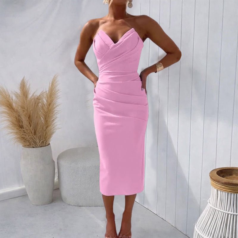 Women's Strapless Midi Dress – Ruched Bodice and Sweetheart Neckline - We are MFEO
