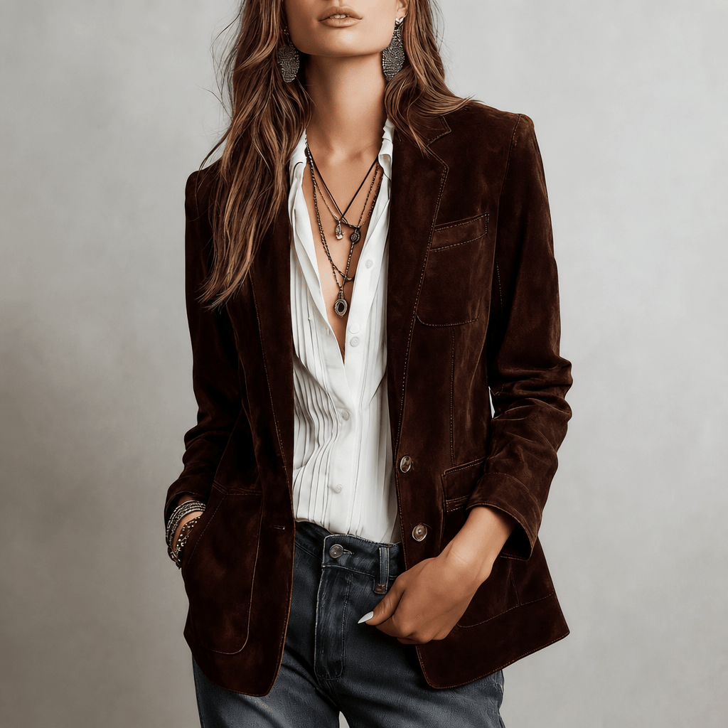 Women's Suede Blazer with Notched Lapel – Relaxed Fit with Functional Patch Pockets - We are MFEO